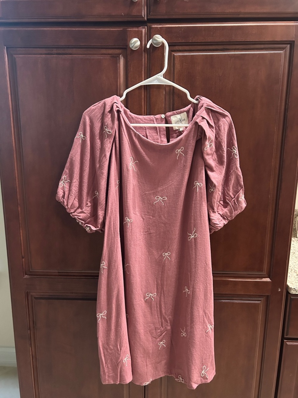 Umgee Dusty Rose Puff-Sleeve Bow-Embroidered Dress with Pockets